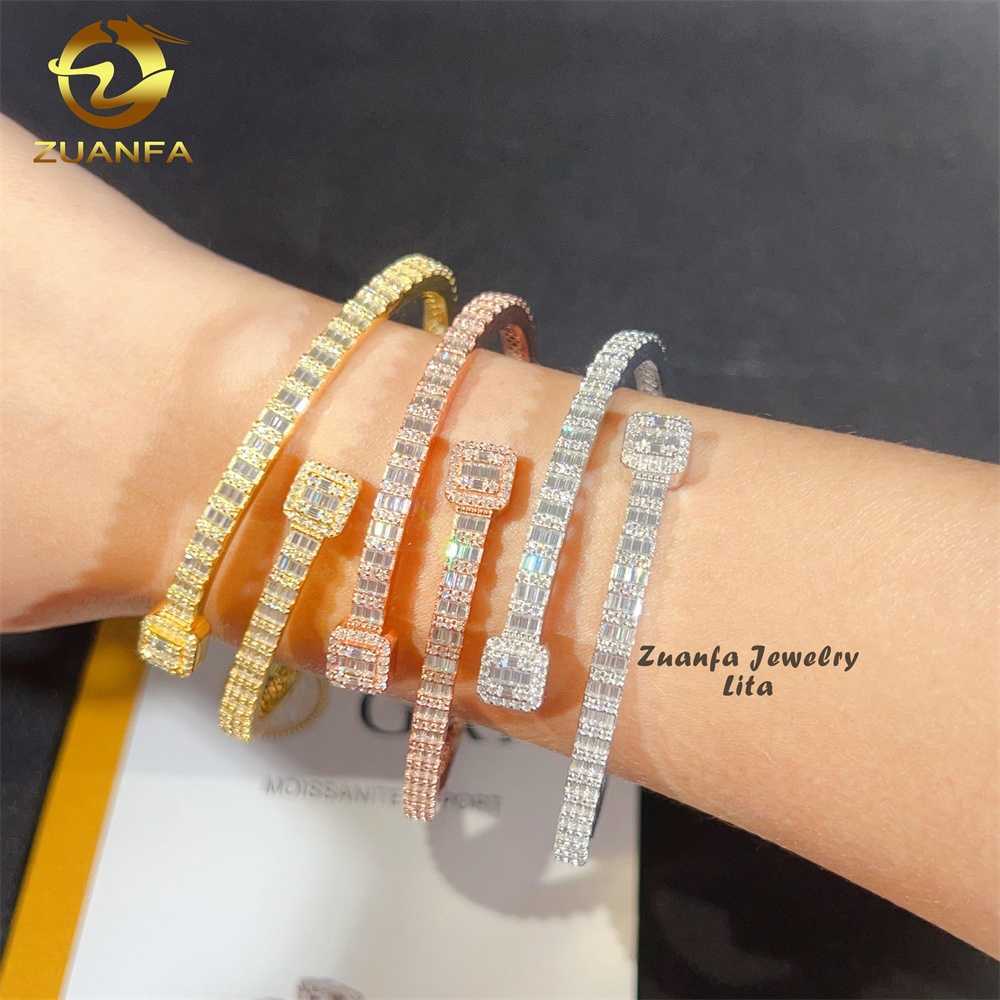 New Arrivals Iced Out Jewelry Hip Hop Custom Silver Baguette Moissanite Diamond Bracelet Bangle