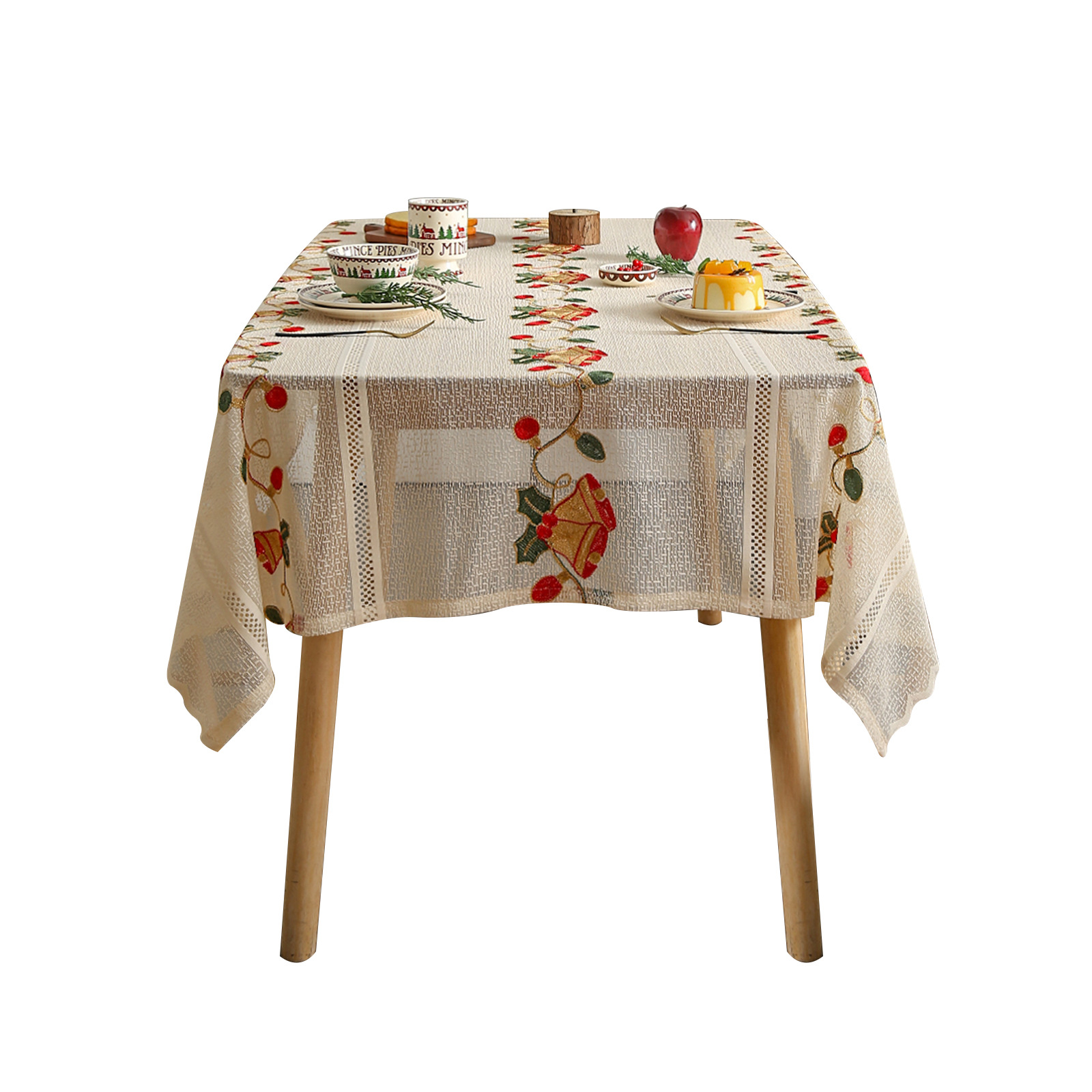 Christmas Tablecloth Bell Embroidery Household Non-slip Lace Rectangular Decoration Living Room Coffee Table Table Mat X-1