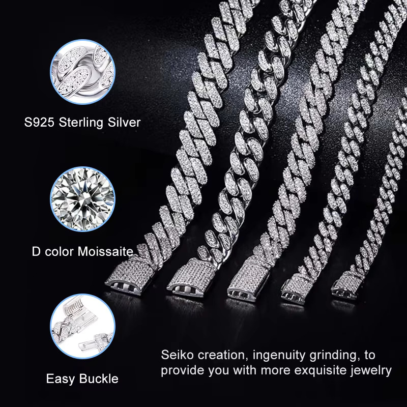 Hip Hop Jewelry Necklace Men D Color VVS Gold plated Mossanite k Cuban Moissanite Chain