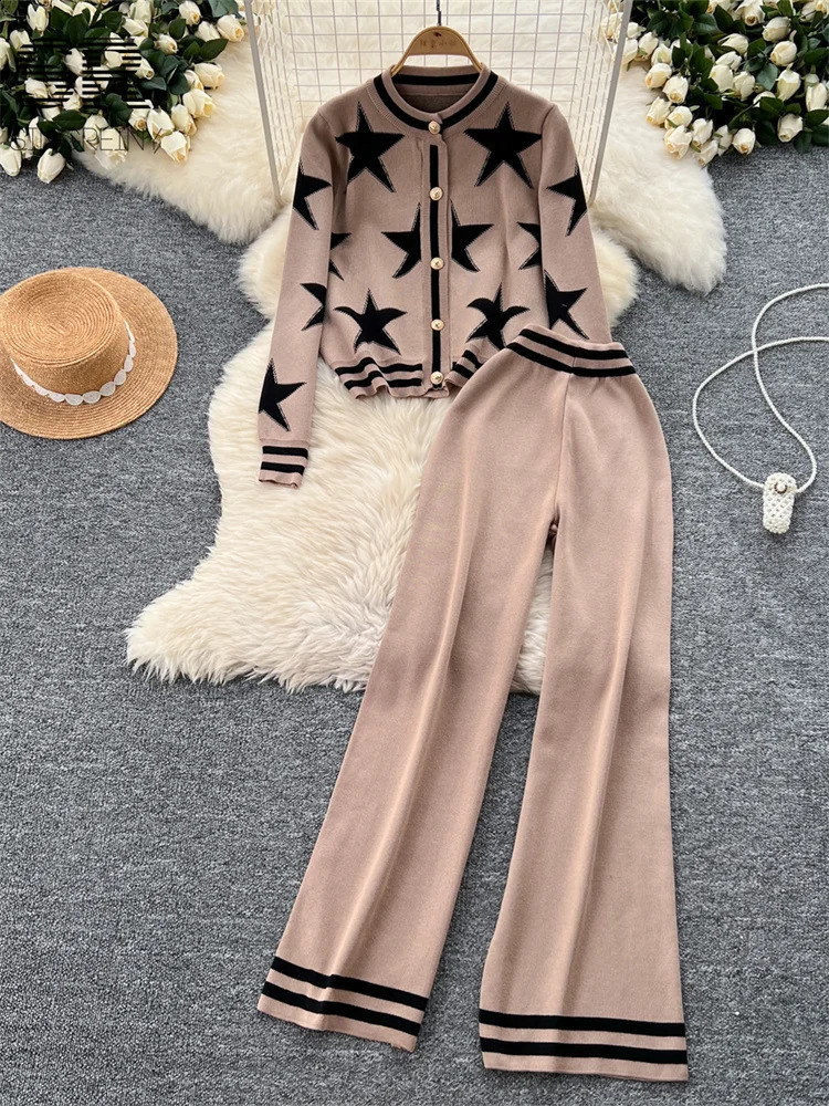 SINGREINY Korean Star Print Knit Two Pieces Suits Women O Neck Single Breasted Cardigan SweaterWide Leg Pants Casual 2pcs Sets 241230