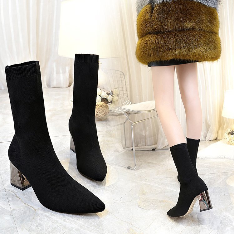 Ddmywed Autumn New Pointed Martin Thick High Heel Women's Slim Legs Black Wool Tube Elastic Short Boots Chinese Brand Shoes F0102-42 ddmythur