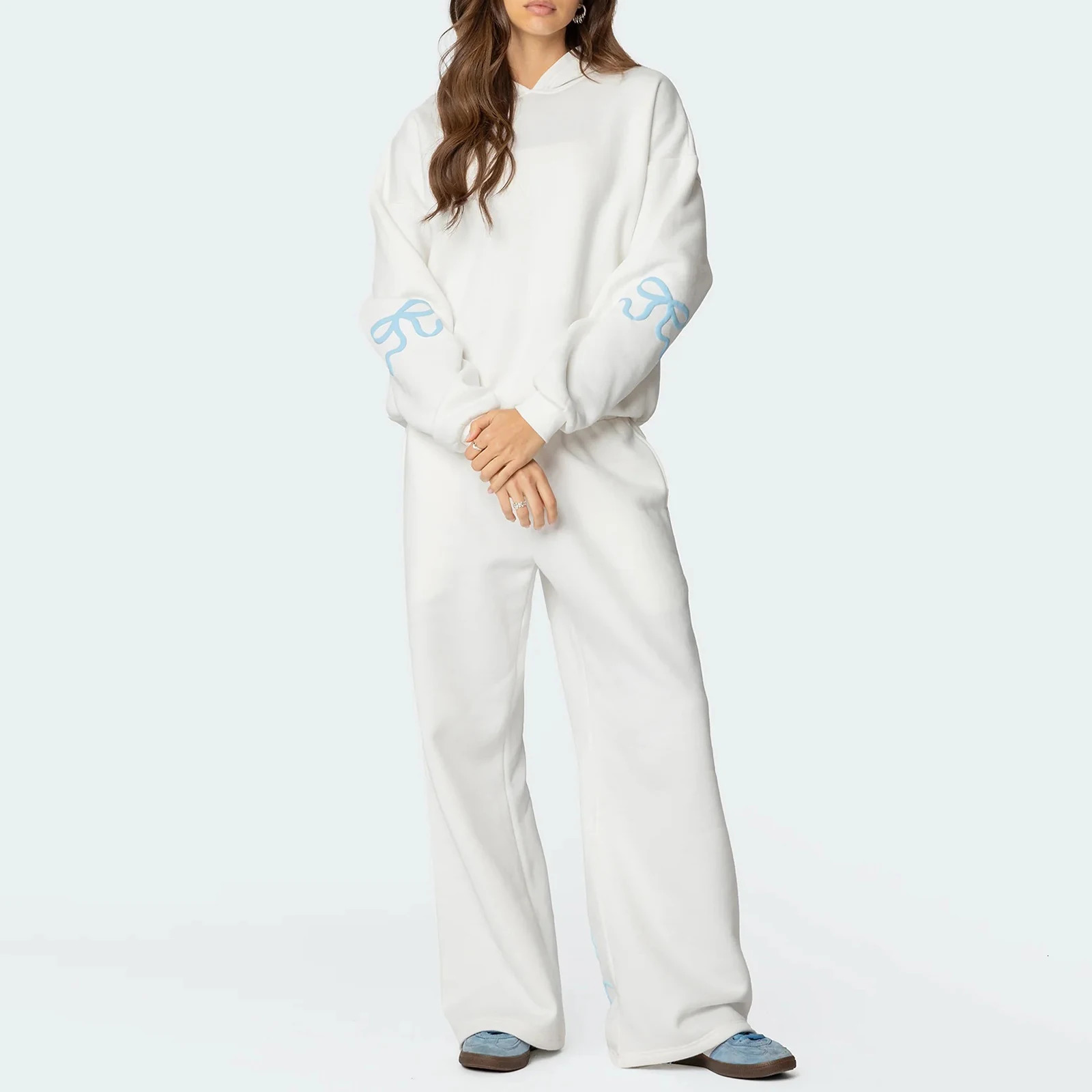 Imcute Bow Print Sweat Set for Women Two Piece Tracksuit Long Sleeve Oversized Hoodie Wide Leg Sweatpants 2 Piece Outfits 250102