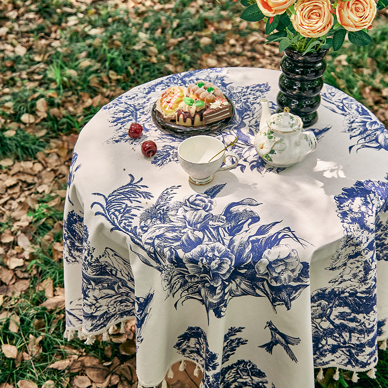 French Retro Blue Ink Pastoral Printing Coffee Table Tablecloth v-1