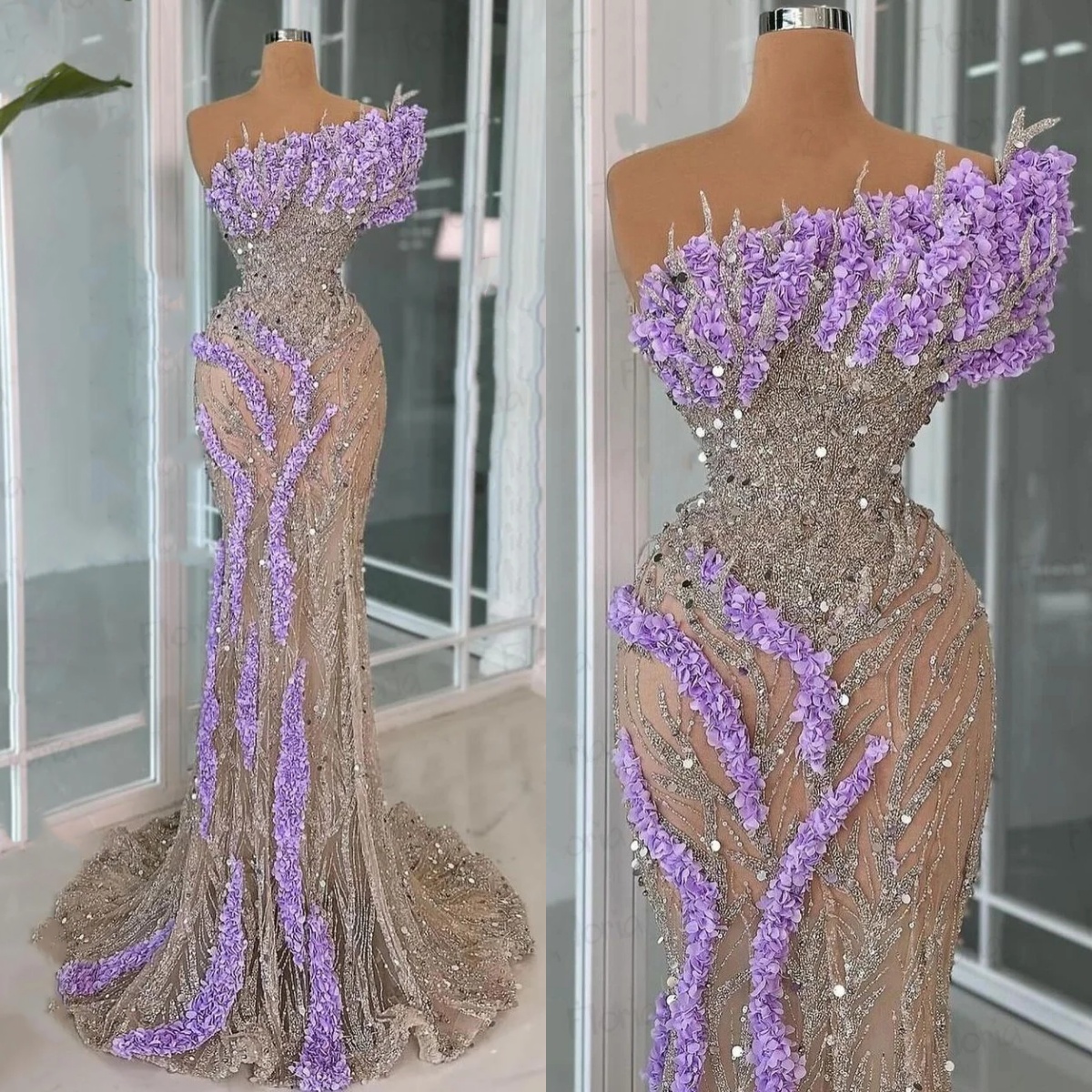 One Shoulder Sequined Evening Dress, 3D Appliques, Ruffles, Sweep Train, Custom Fit, Party Gown