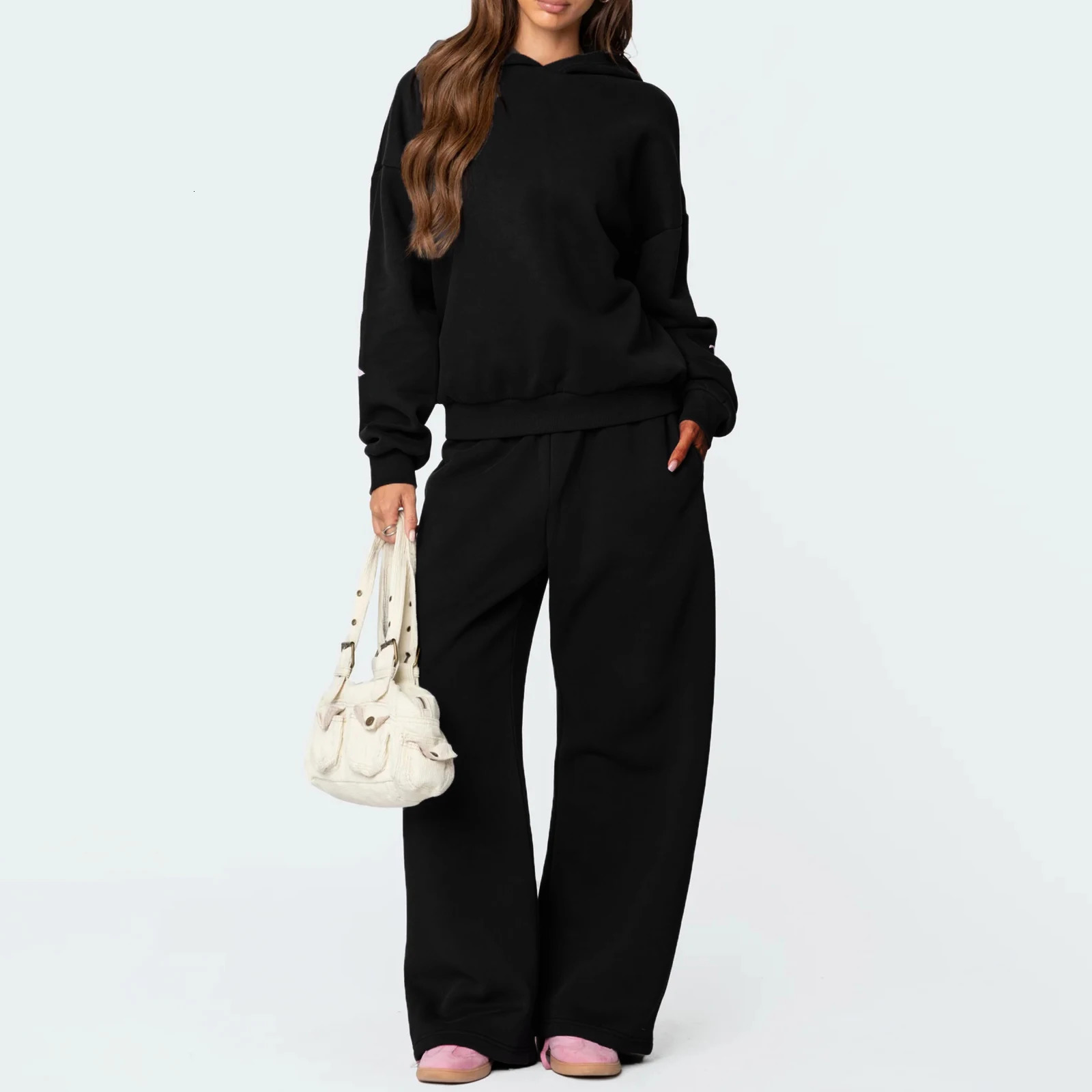 Imcute Bow Print Sweat Set for Women Two Piece Tracksuit Long Sleeve Oversized Hoodie Wide Leg Sweatpants 2 Piece Outfits 250102