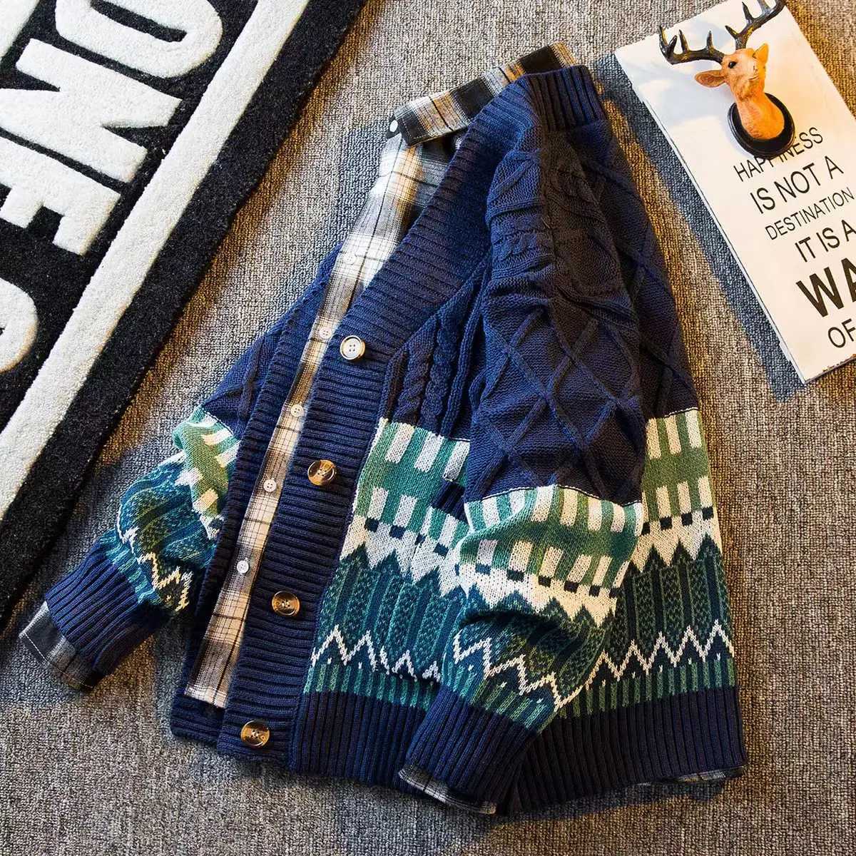 High Quality Spring cardigan mens latte art hip-hop streetwear loose knit Harajuku knit sweater jacket T250102