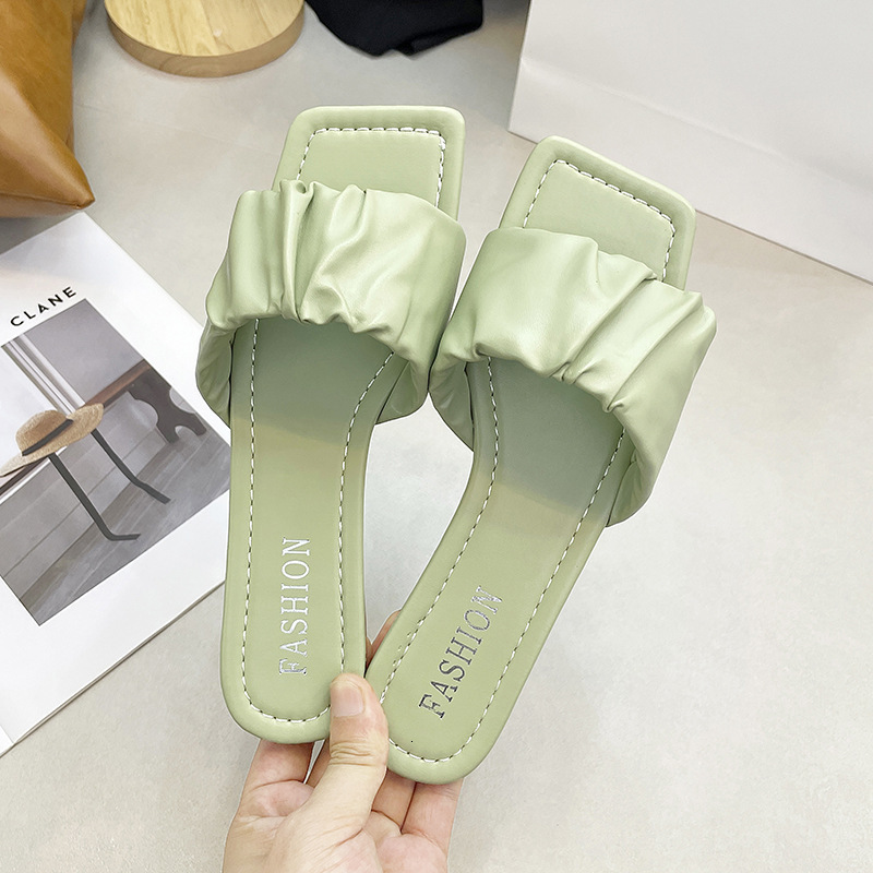 Heeled Ddmywed Flat Women Summer Version Fashionable Pleated Sandals For External Wear Square Headed Fairy Style One Line Slippers Chinese Brand Shoes