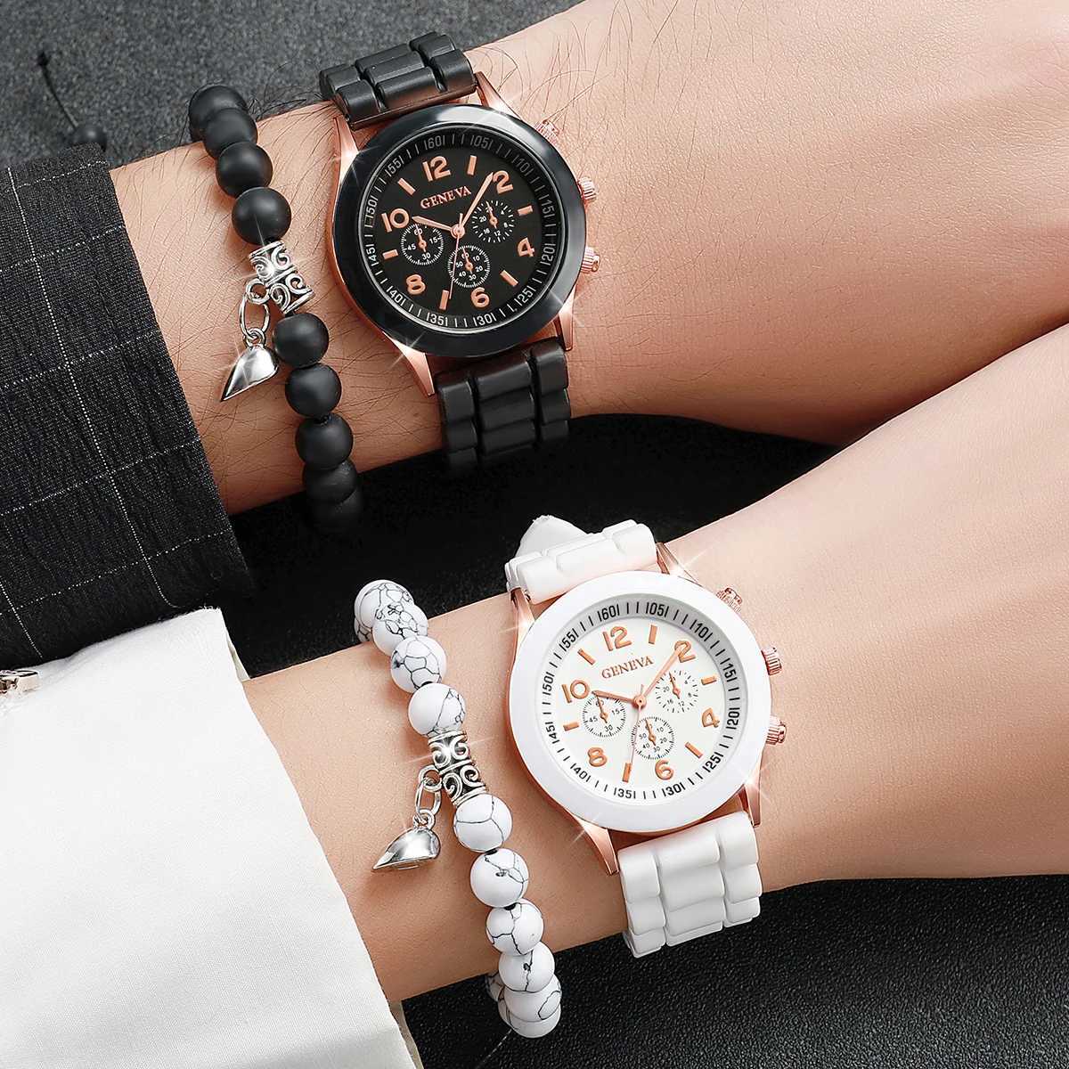 4PCS Couples Fashion Arabic Women Quartz Casual Sile Band Wristlets Magnet Heart-Shed Bracelets SetXJ250304