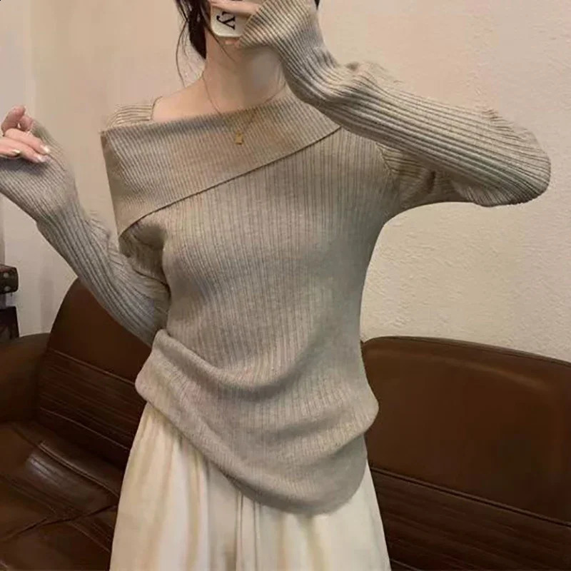 Solid color sexy ultra-thin shoulder slanted collar long sleeved knitted sweater womens jumper office fashion 241231