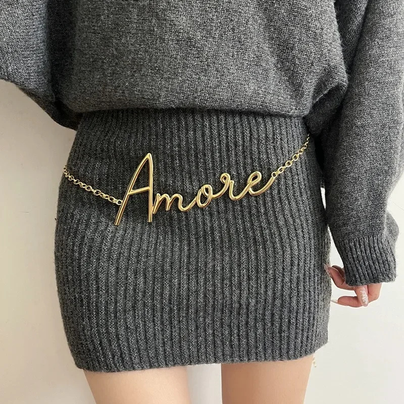 Retro Gold Letter Waist Chain Womens Autumn/Winter Dress Pants High End Metal Chain Thin 241231
