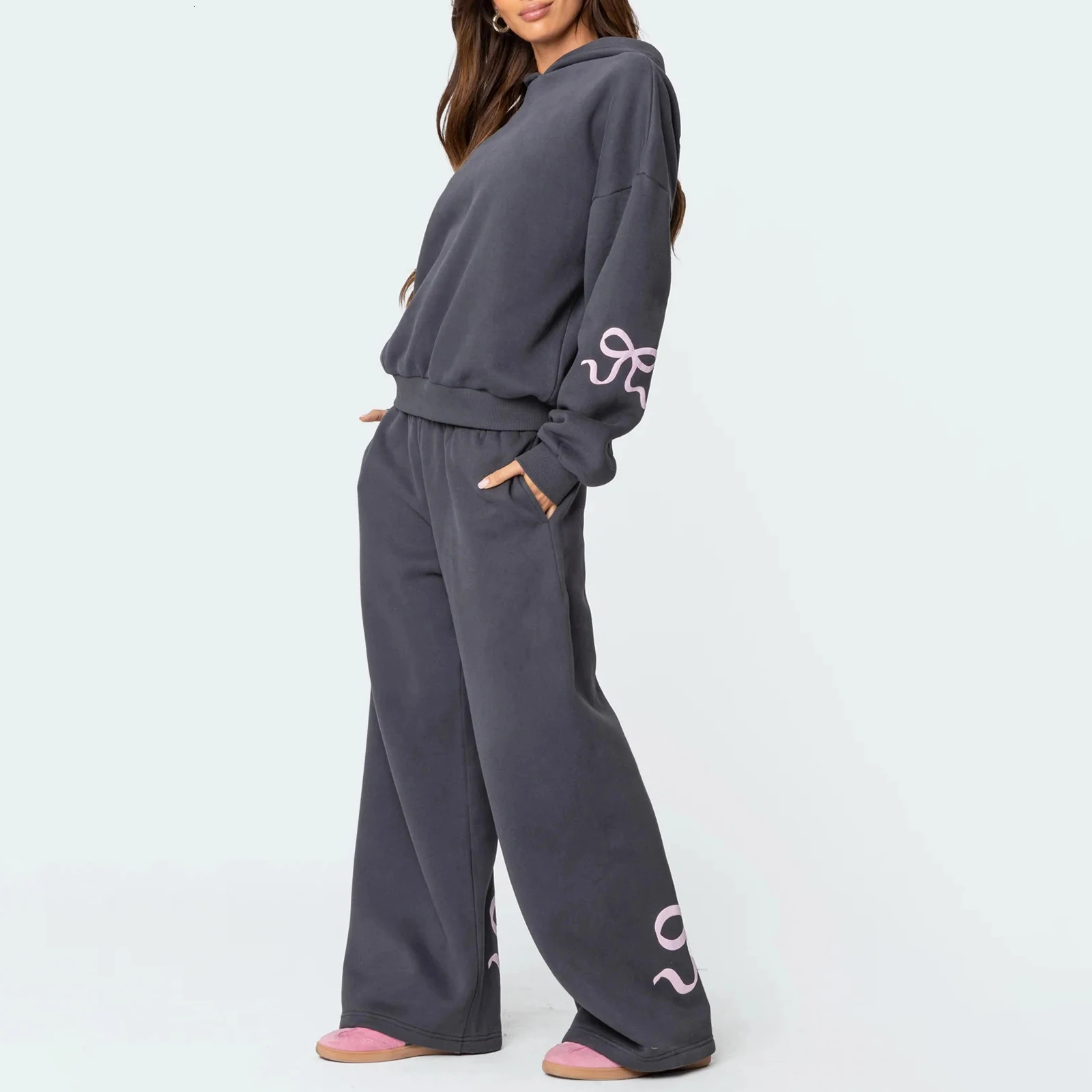 Imcute Bow Print Sweat Set for Women Two Piece Tracksuit Long Sleeve Oversized Hoodie Wide Leg Sweatpants 2 Piece Outfits 250102