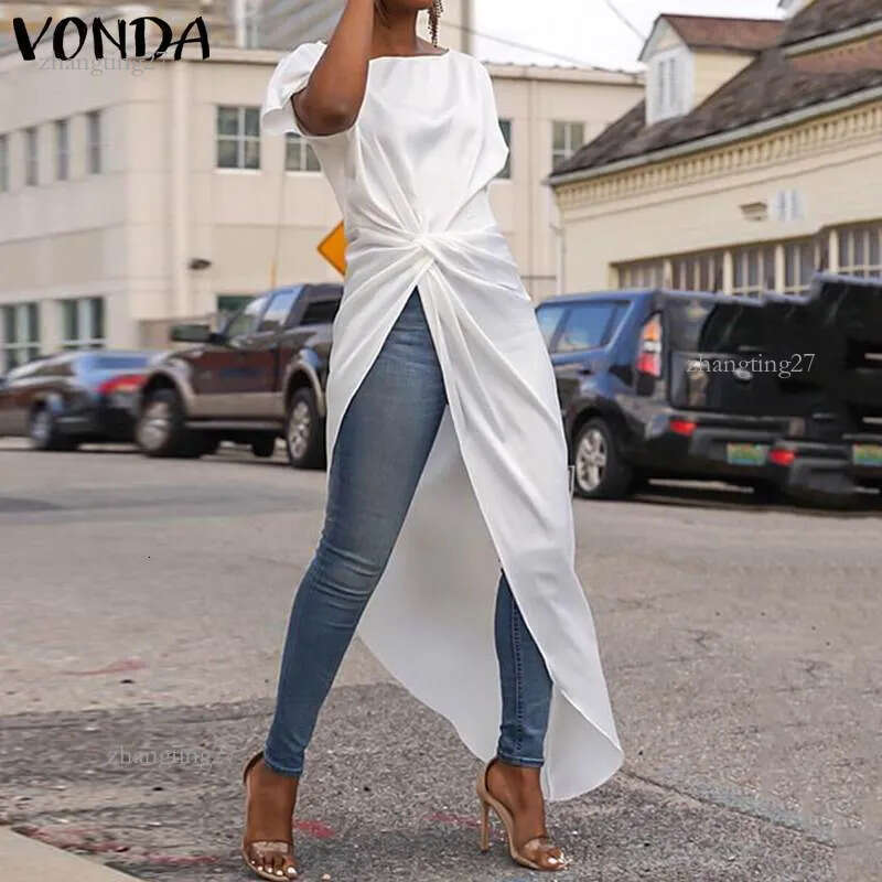 VONDA S-5XL Summer Tops Women Blouse Sexy Split Hem AsymmetricalParty Blouse Casual Loose Long Shirts Female Blusa Tunic