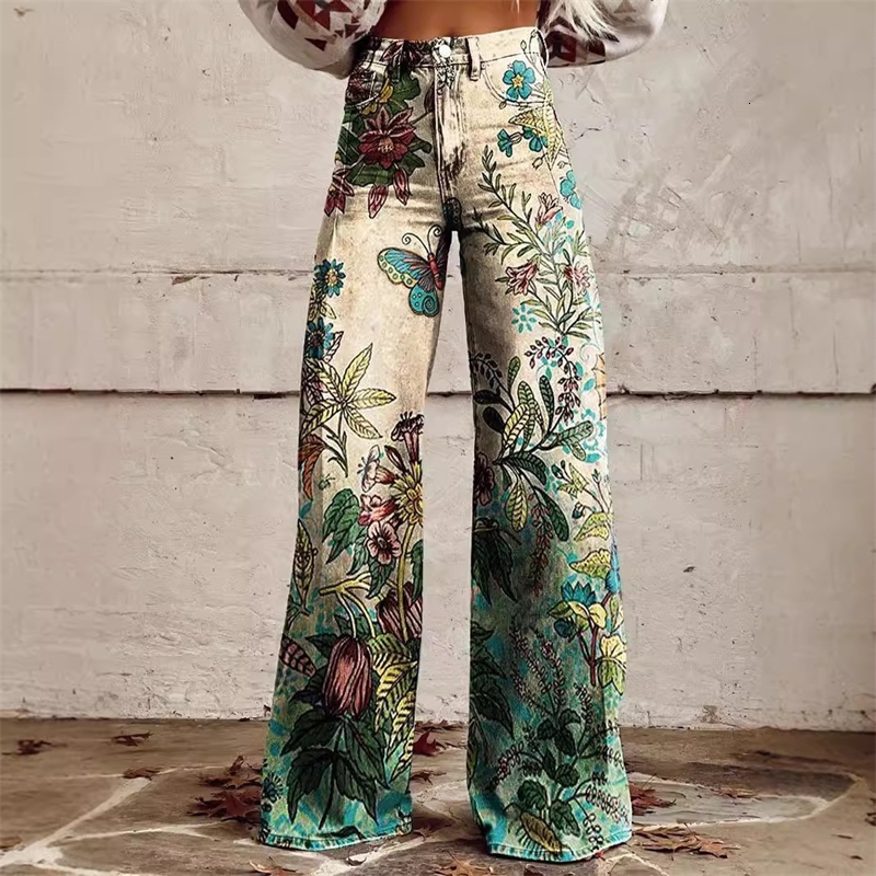 Plus Sizes S-5XL Women Jeans 2025 New 3D Heat Transfer Printing Bell Bottom Pants Simulation Denim Pants Loose Pants