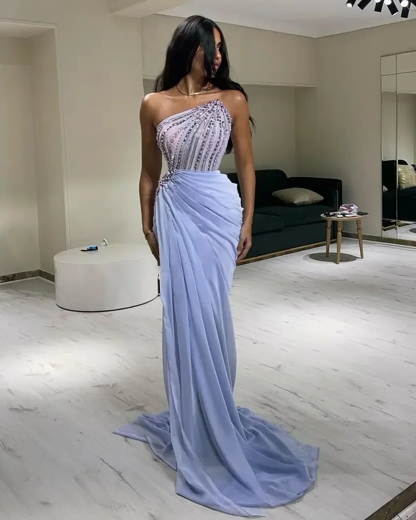 Strapless Sequined Evening Gown with Ruffles & Sweep Train - Customizable Formal Dress for Women