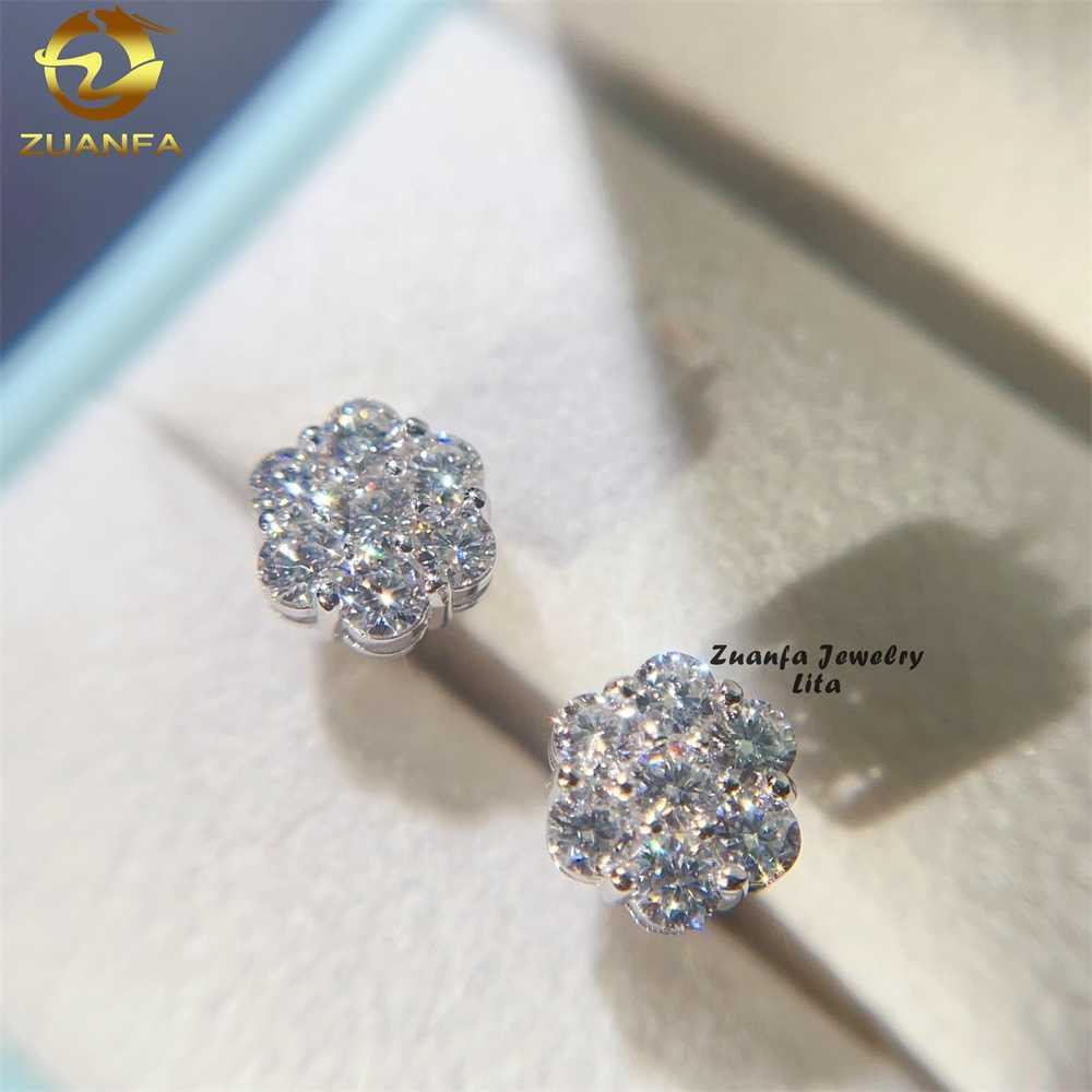 Pass Diamond Tester Screw Back Fashion 925 Sterling Silver Flower Moissanite Earrings