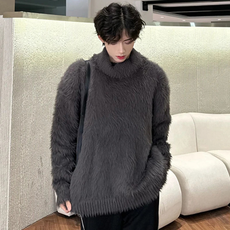 IEFB Turtleneck Men Sweaters Pullover Stylish Plush Solid Color Clothing Male Knitting Tops Korean Style Winter 2024 9C4144 241231