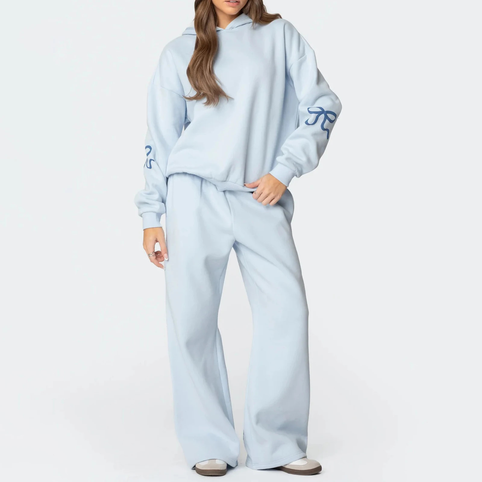 Imcute Bow Print Sweat Set for Women Two Piece Tracksuit Long Sleeve Oversized Hoodie Wide Leg Sweatpants 2 Piece Outfits 250102