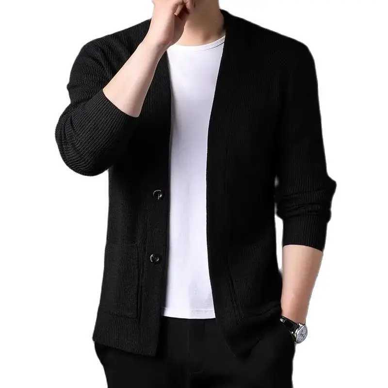 Spring/Autumn New Knitted Open Knitted Woolen Sweater Mens Korean Edition Trend Outward Sweater for Young Middle aged and Elderly Simple Casual Jacket
