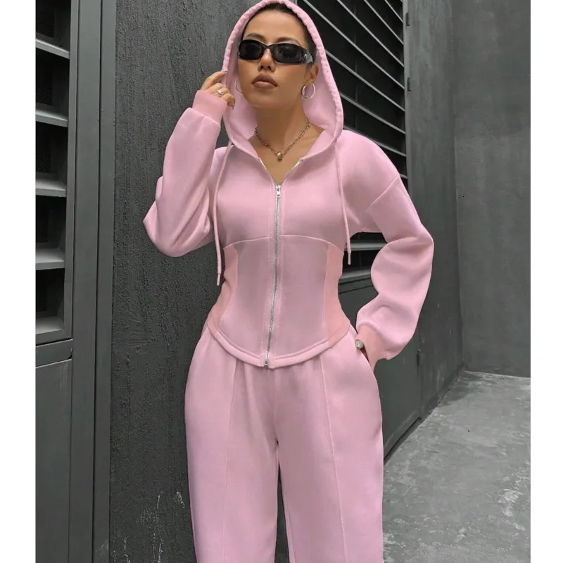 Womens Sports Autumn/Winter Two piece Set Trendy Solid Color Hooded Cardigan Slim Fit Casual Two piece Set for Women 241224