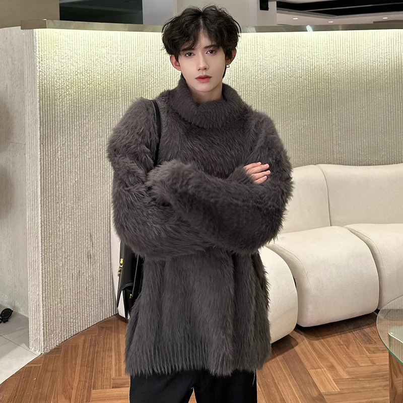 IEFB Turtleneck Men Sweaters Pullover Stylish Plush Solid Color Clothing Male Knitting Tops Korean Style Winter 2024 9C4144 241231