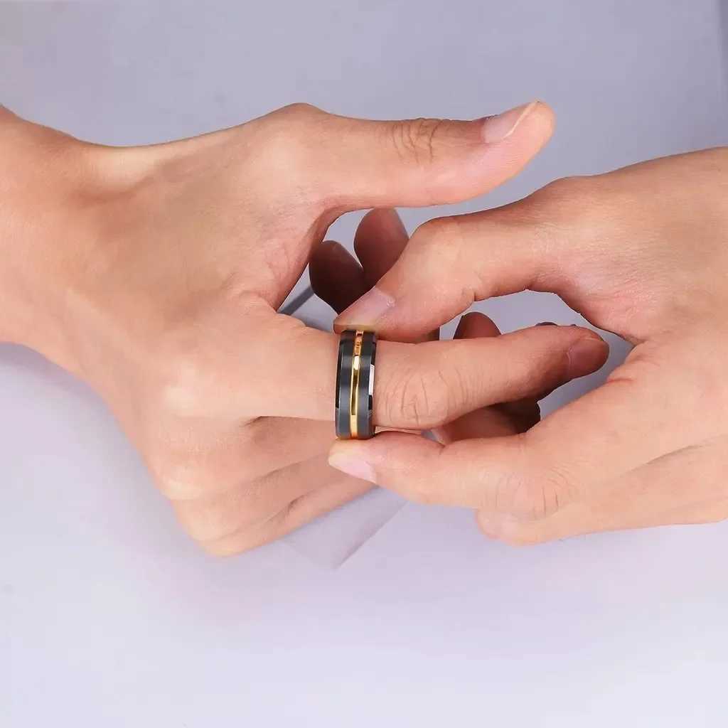 Fashionable 8MM mens gold groove stainless steel ring black brushed engagement ring womens wedding anniversary jewelry W250102