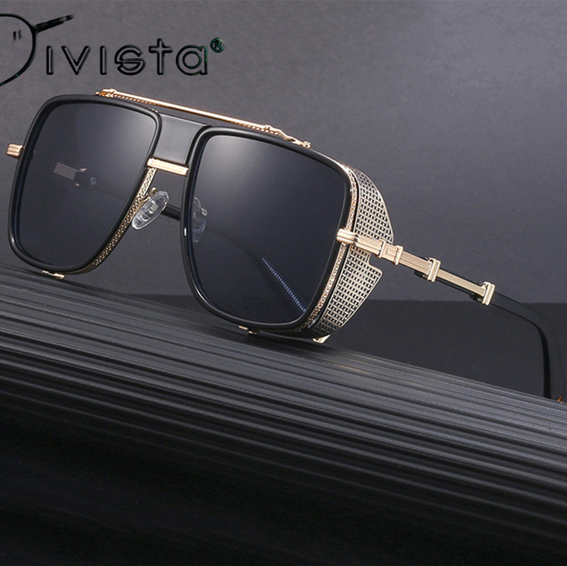 Steampunk Oversized Sunglasses with Side Shields Mens Fishing Pilot Goggles Brand Designer Big Golden Retro Driving Gothic Large Cool Cyberpunk y2k JH
