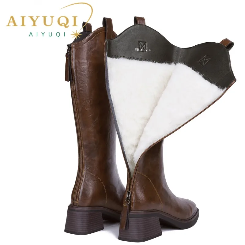 AIYUQI Women Long Boots British Style Genuine Leather Women's High Boots Natural Wool Western Cowboy Boots Women