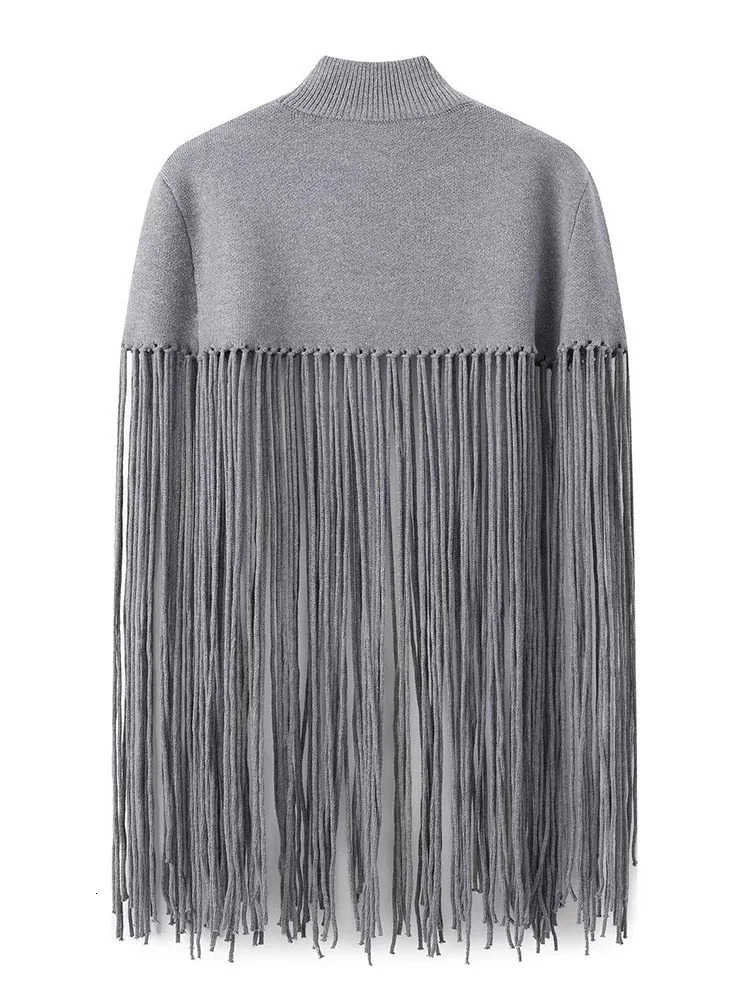 DEAT Fashion Womens Kitted Pullovers Stand Collar Loose Gray Patchwork Tassel Sweater Autumn2024 3WM1571 241231