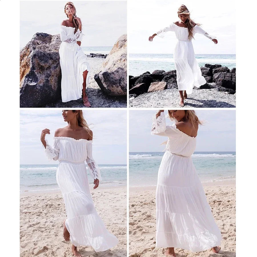 TEELYNN Boho White Sexy Off Shoulder Beach Sun Skirt Sparkling Long Sleeve Spliced Lace Womens Summer Dress 241231