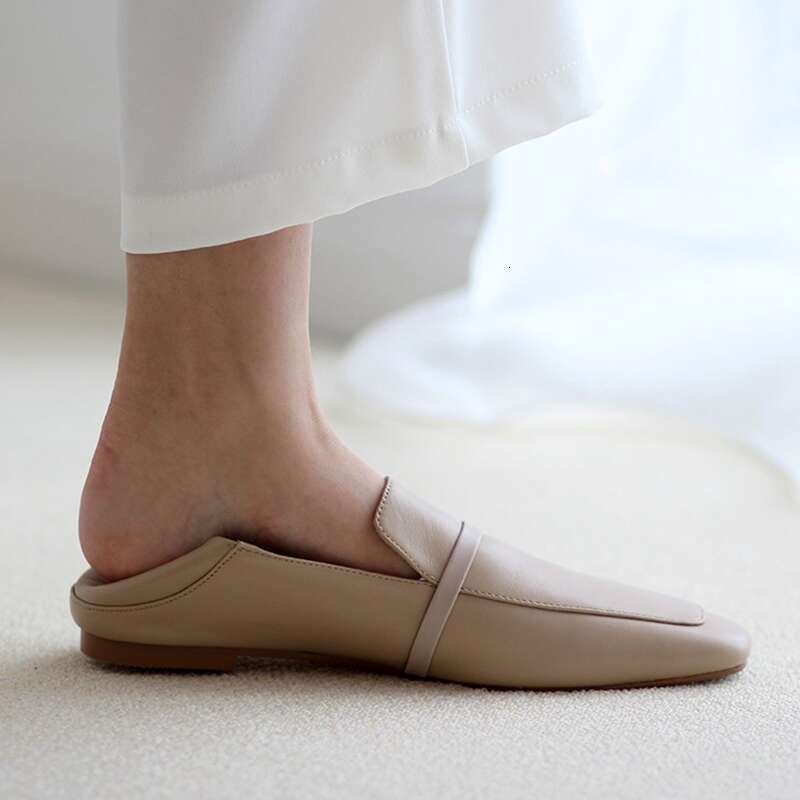 Cow Leather Square Toe Flats Casual Loafers Women Shoe Without Heel 2023 New Spring Autumn Mules Woman Simple White Shoes