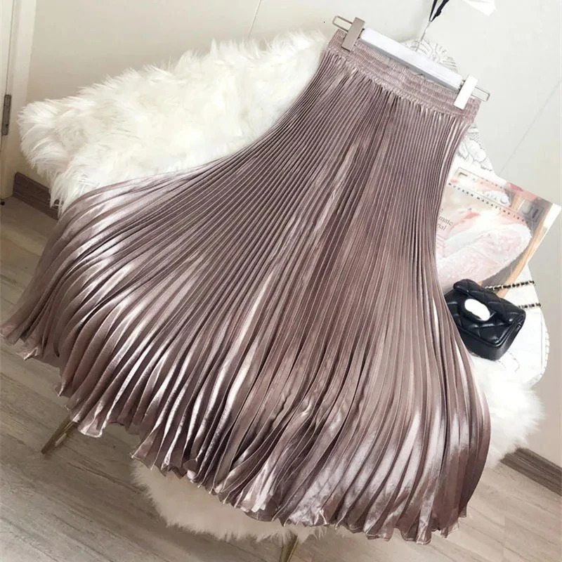 2024 Fashion Women Summer Glossy Satin Pleated Skirt Elastic Waist Dance A-line Skirts Female Reflective Long Mermaid Skirts 241231