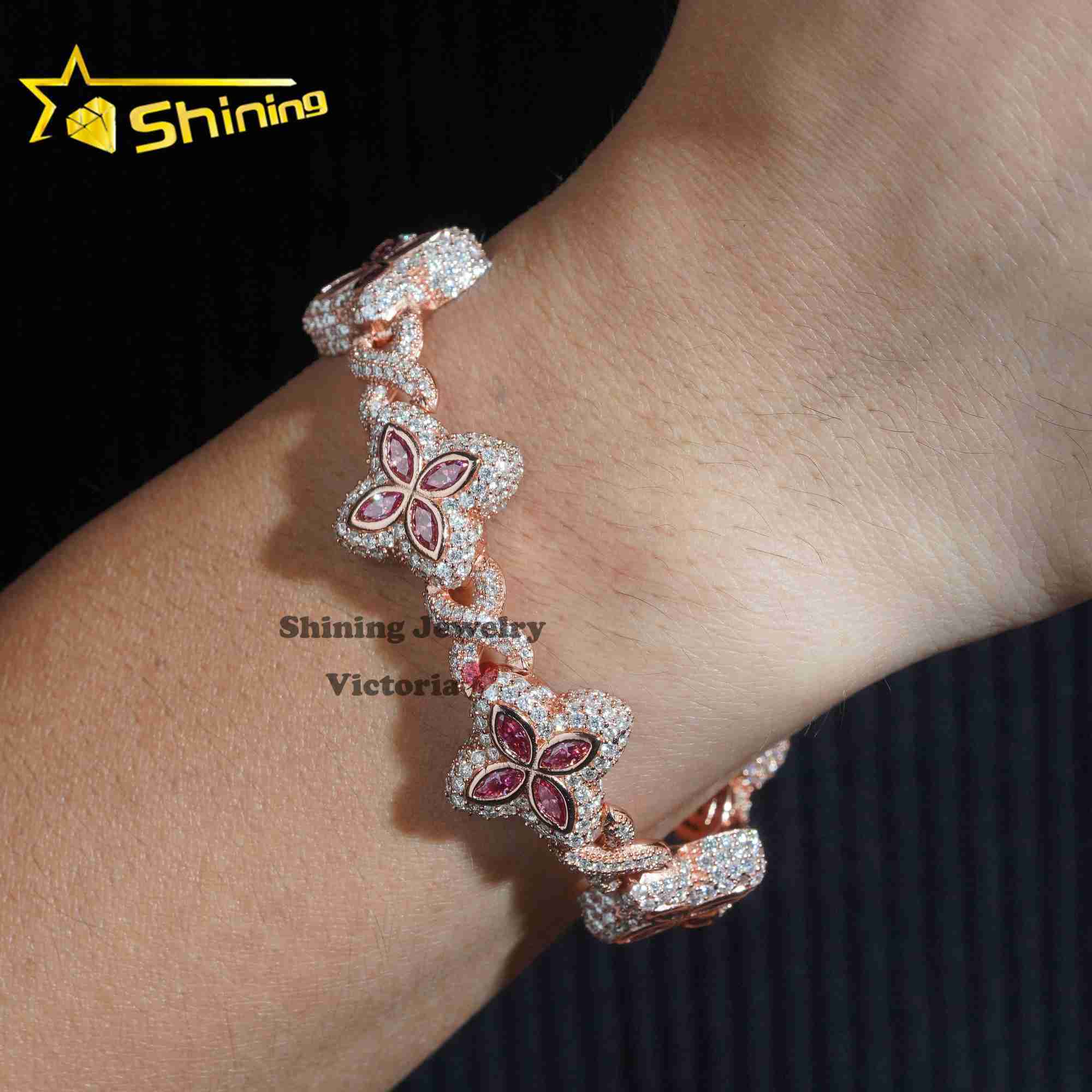 2024 New Arrivals Rose gold Plated Moissanite Men Bracelet With Pink Moissanite Iced Out Infinity Link Clover Cuban Bracelet