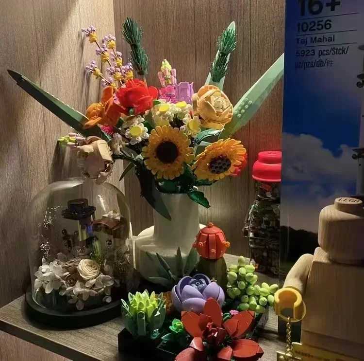 Bouquet of roses orchids building blocks DIY Potted Illustration holiday girlfriend Christmas gift childrens toys W250102
