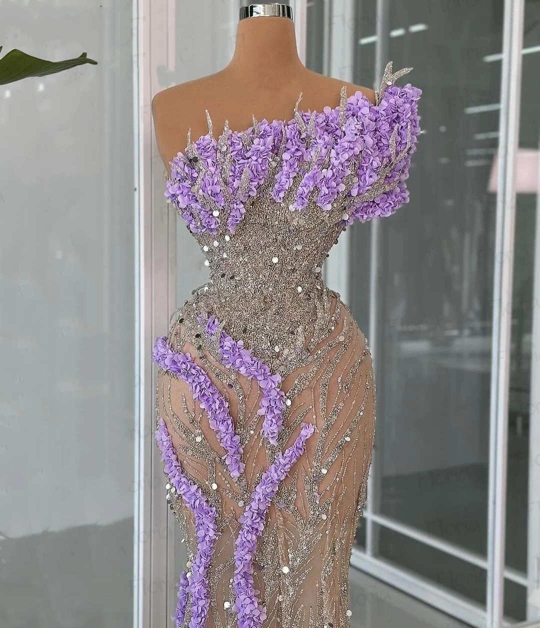 One Shoulder Sequined Evening Dress, 3D Appliques, Ruffles, Sweep Train, Custom Fit, Party Gown