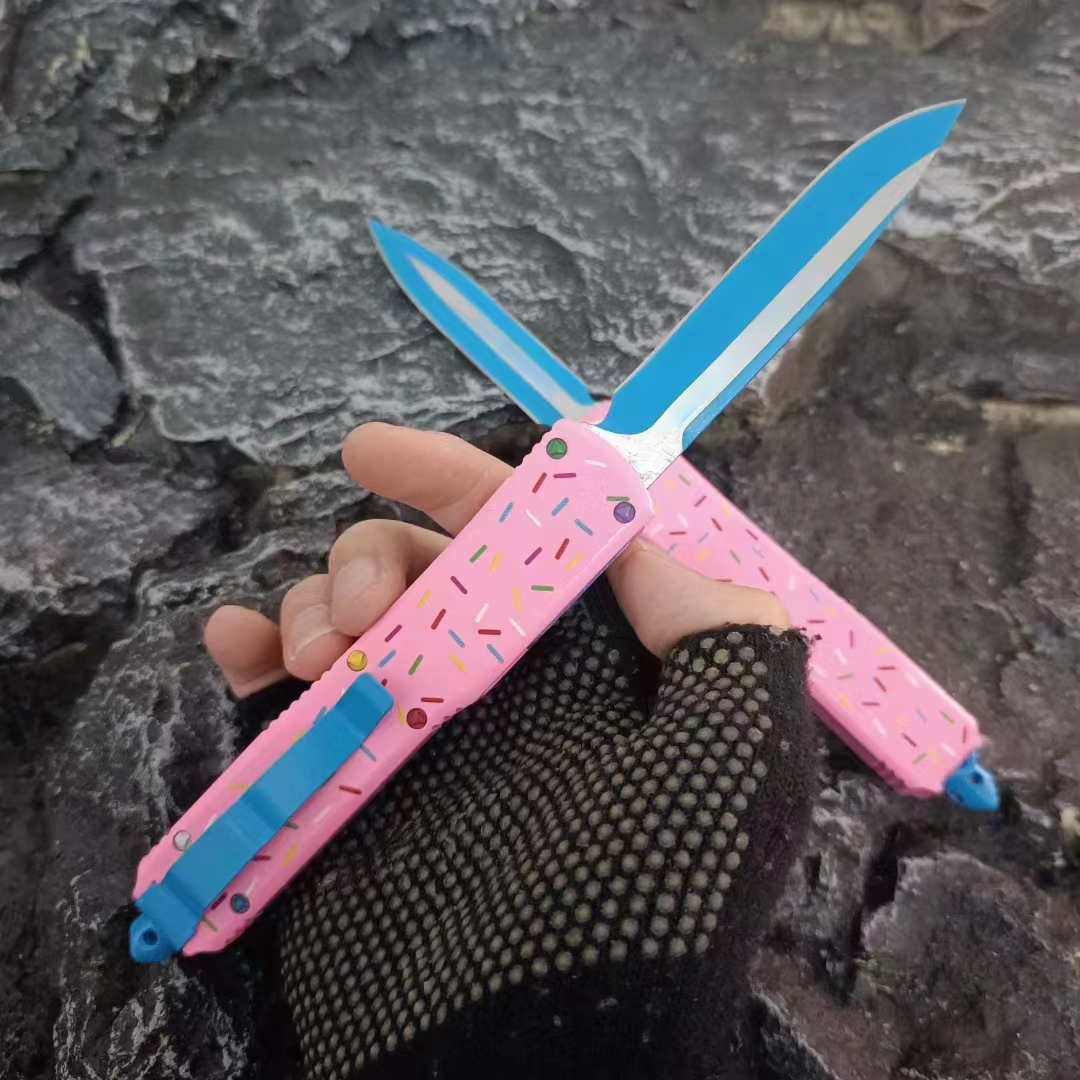 High End Knife D2 Blued Blade Pink Aviation Aluminum Handle Outdoor Camping Hiking Survival Tactical Knives with Nylon Bag