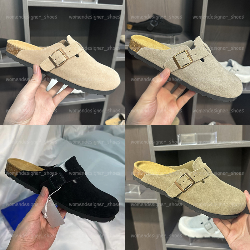 Designer Clog Slippers Clog Sandals Women Men Cork Flat Slides Genuine Leather Roud Toe Double Buckle Beach Sliders Casual Shoes Size 35-46