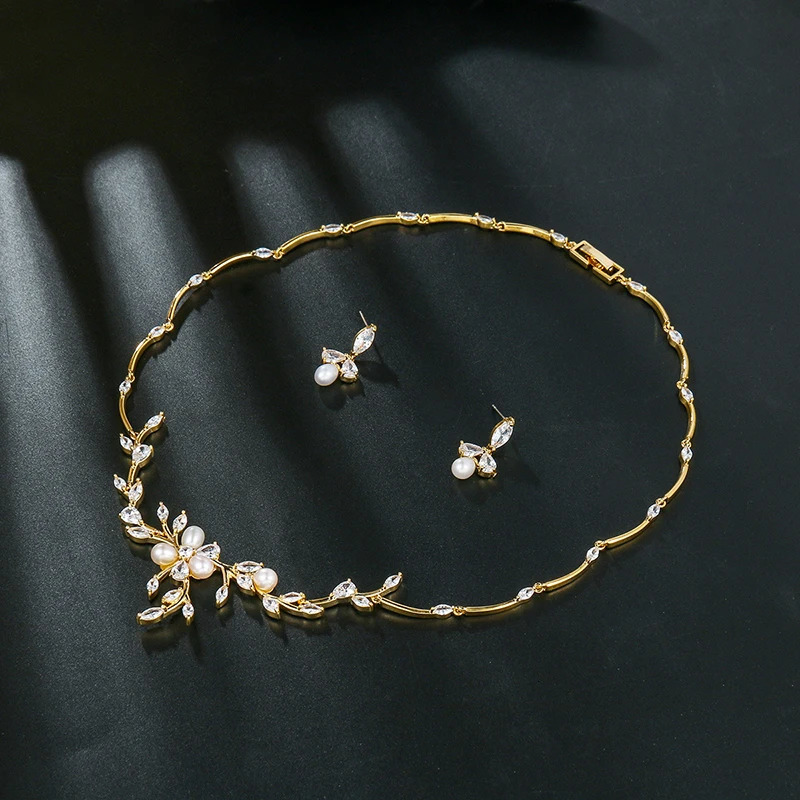 WEIMANJINGDIAN Floral Cubic Zirconia Shell Pearl Bridal Wedding Jewelry Necklace and Earring Set 241231 Z260313