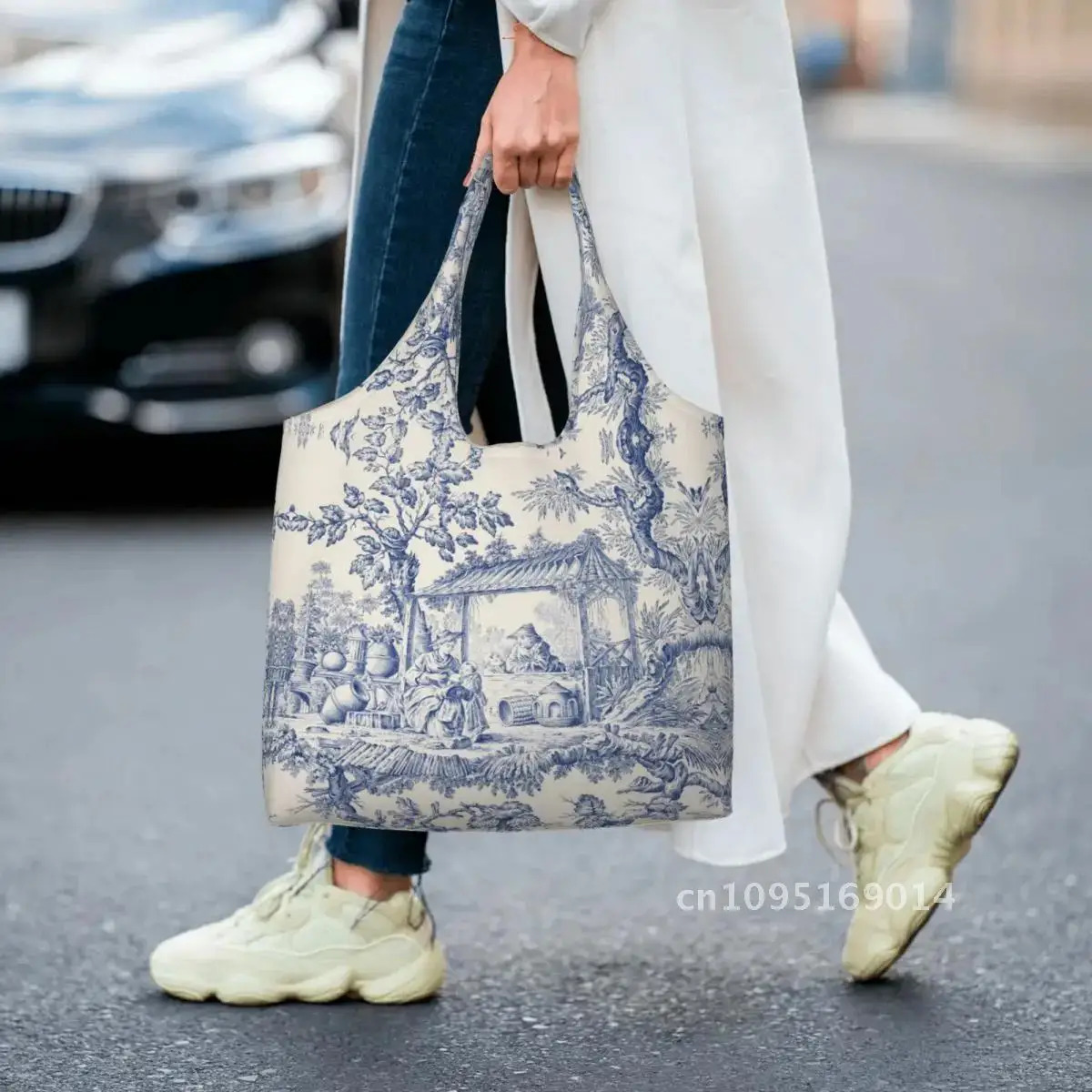 Custom Vintage Classic French Toile De Jouy Navy Blue Motif Pattern Shopping Tote Bag Reusable Canvas Shopper Shoulder Handbag 250102