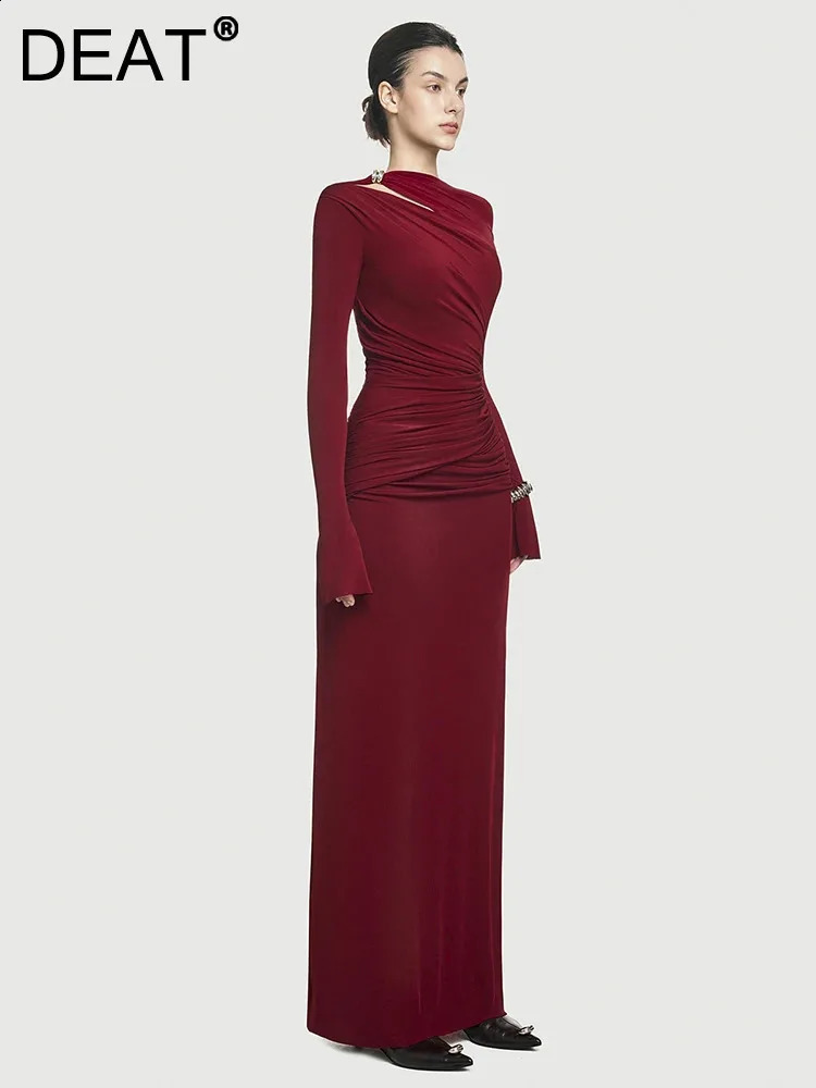 DEAT Elegant Dress Hollow Asymmetric Fold Splicing Solid Color Womens Evening Dress 2025 Spring Trendy 35Z1623 241231