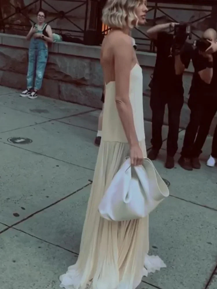 Womens Fashion Solid Camisole Pleated Hem Dress Casual Sleeveless Backless A-line Vestidos 2024 Summer Lady Vacation Party Robe 241231