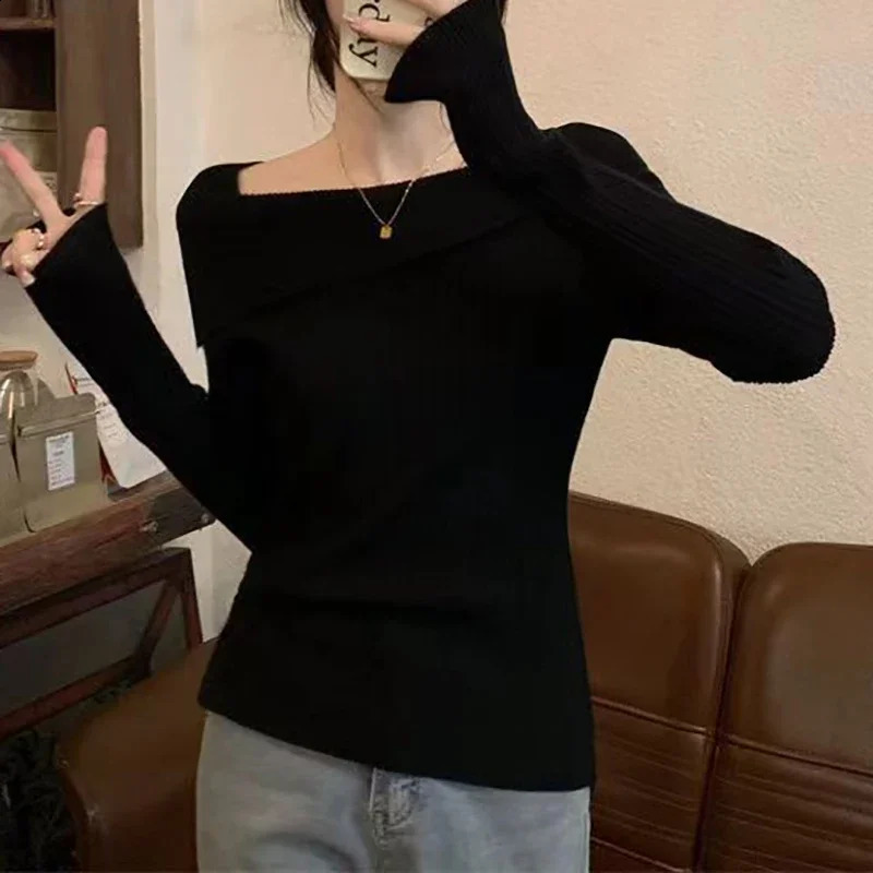 Solid color sexy ultra-thin shoulder slanted collar long sleeved knitted sweater womens jumper office fashion 241231