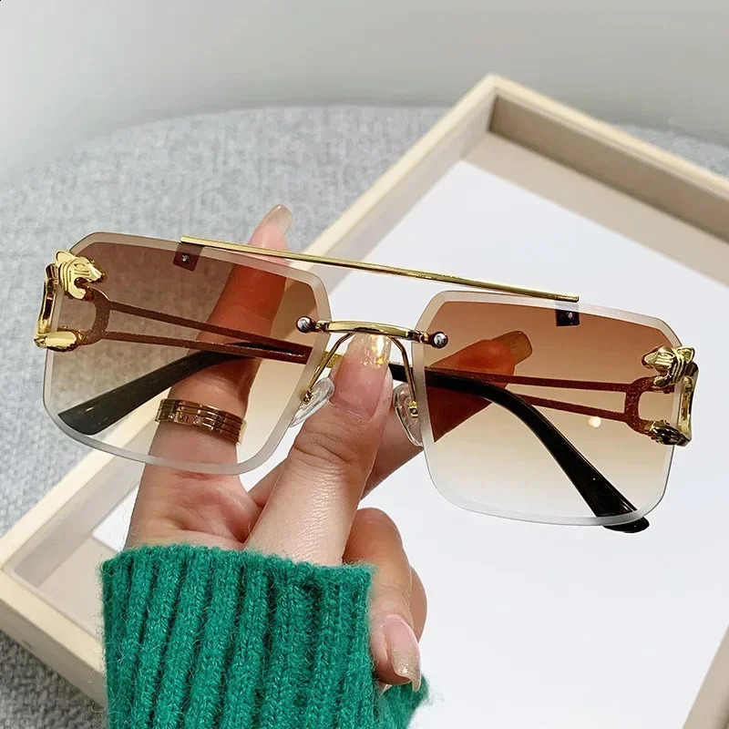 A Pair Of Frameless Dia Cut Edge Box CrossBorder Glasses Leopard Head Sunglasses Men And Women Dual Beams Personalized Tren 241228