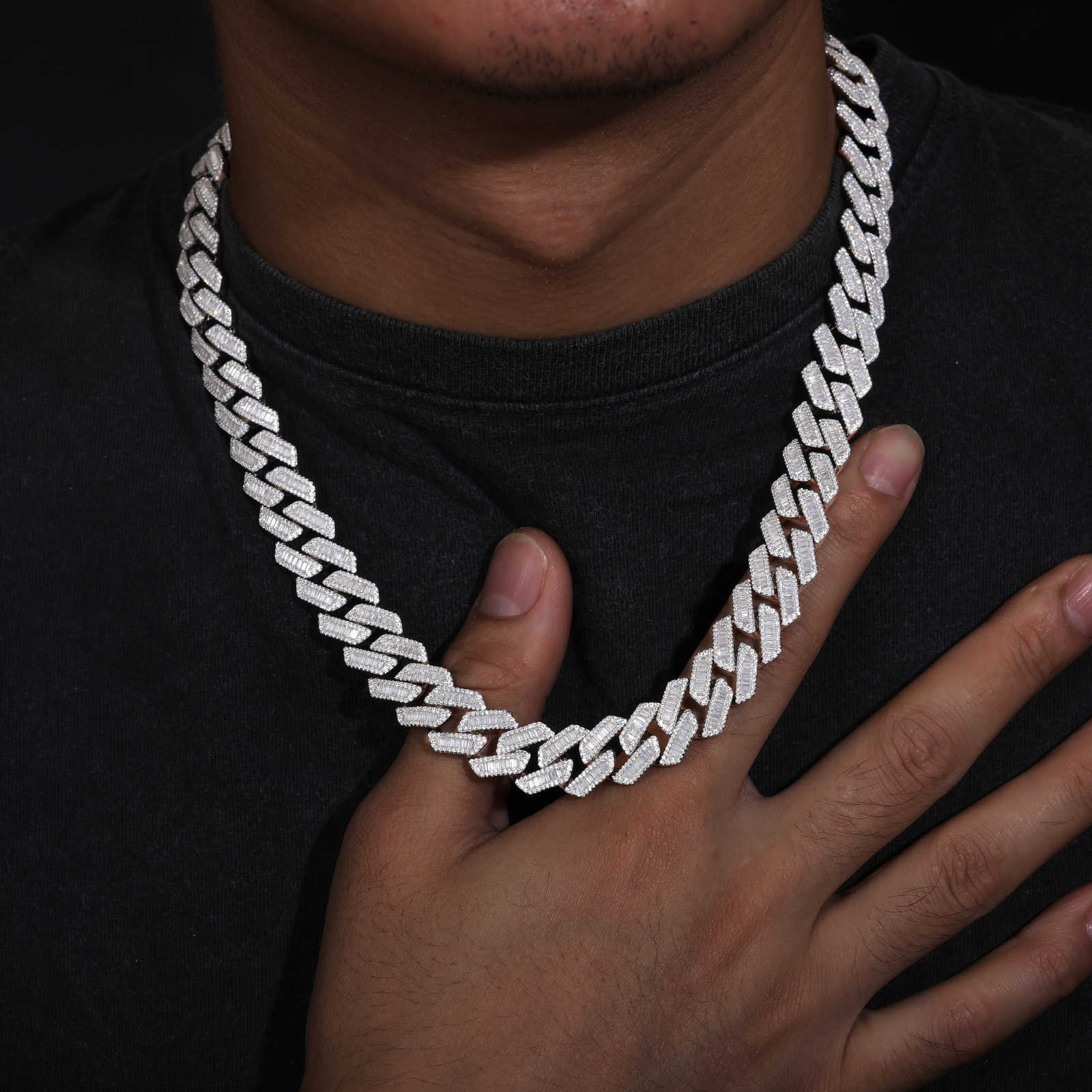 Pass Diamond Tester 14mm Baguette Moissanite Cuban Link Chain 925 Sterling Silver VVS Mossanite Diamond Iced Out Mens Necklace