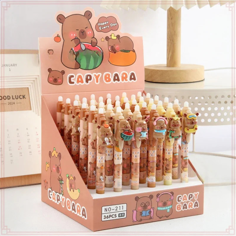 36 Pcs Wholesale Capibara Erasable Press Blue Gel Pen Capybara Student 05mm Writing Supplies 241231