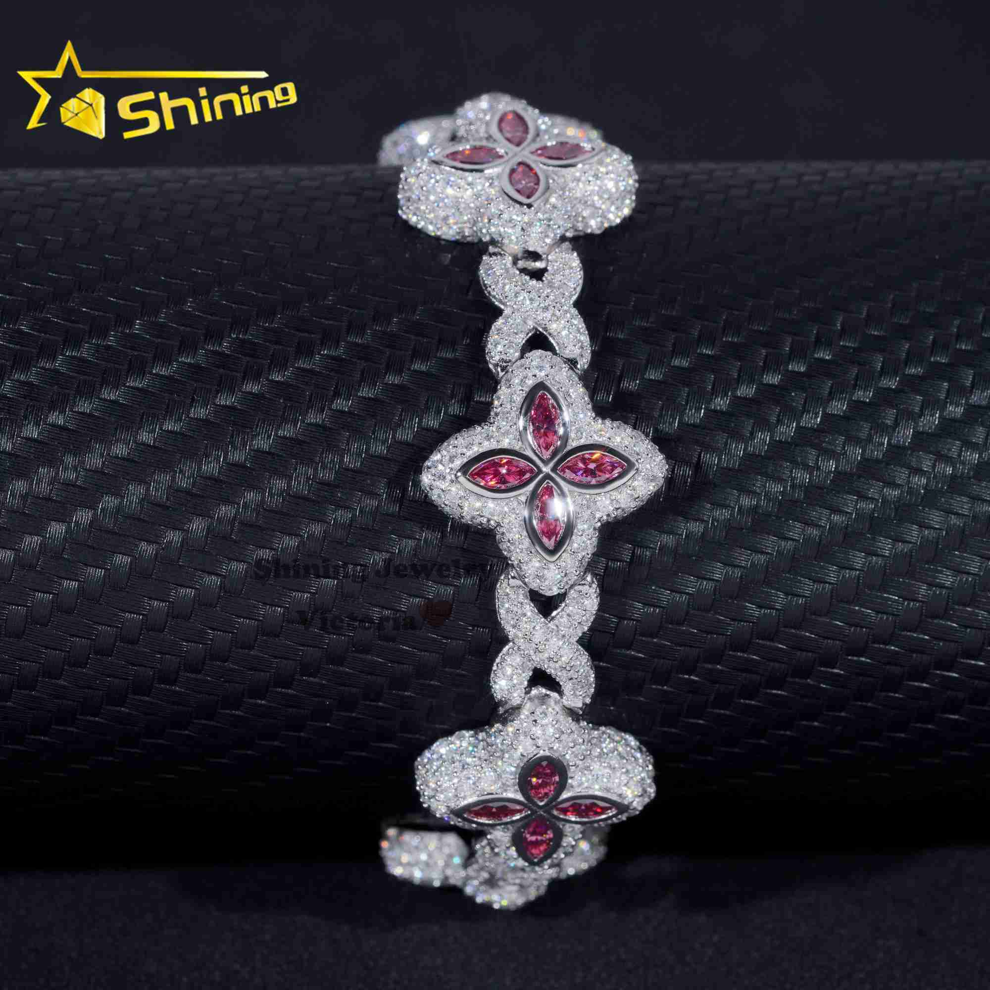 2024 New Arrivals Rose gold Plated Moissanite Men Bracelet With Pink Moissanite Iced Out Infinity Link Clover Cuban Bracelet