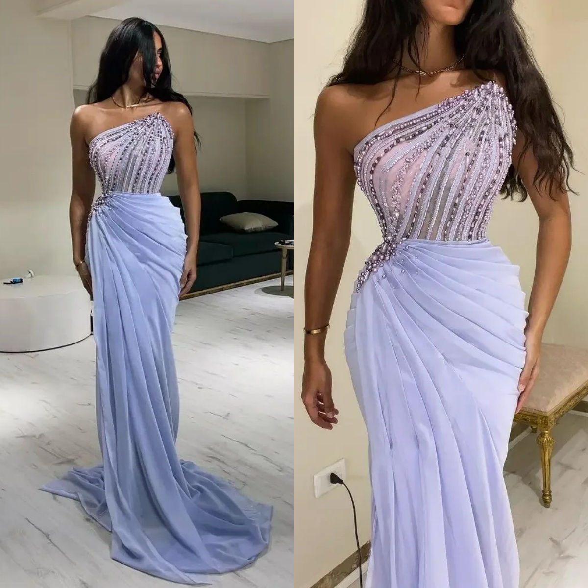Strapless Sequined Evening Gown with Ruffles & Sweep Train - Customizable Formal Dress for Women