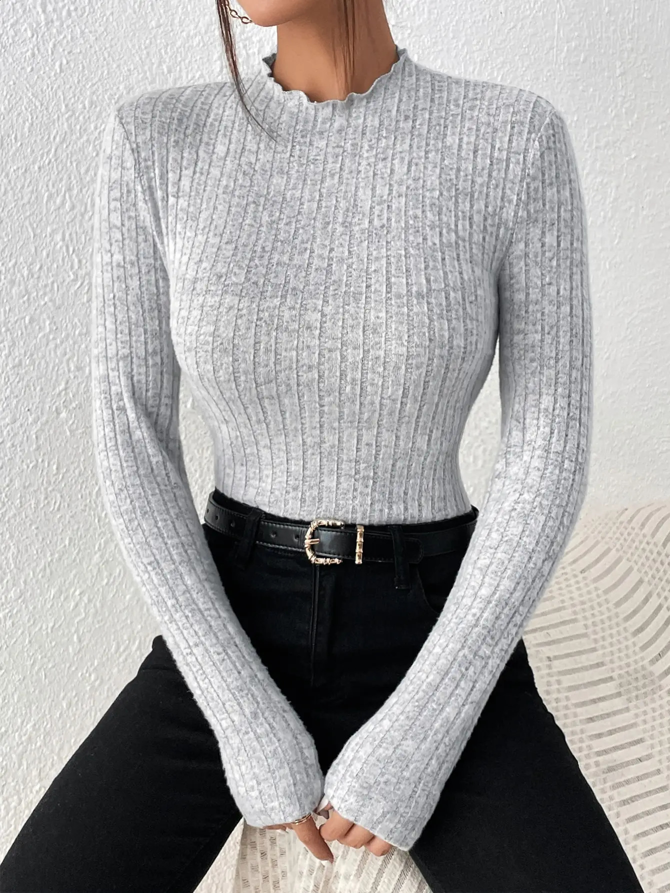Fashion Slim Ruffle Neck Knit Long Sleeve Top Lace MidCollar Womens Striped Bottom Shirt Autumn and Winter Casual Sweater 241231