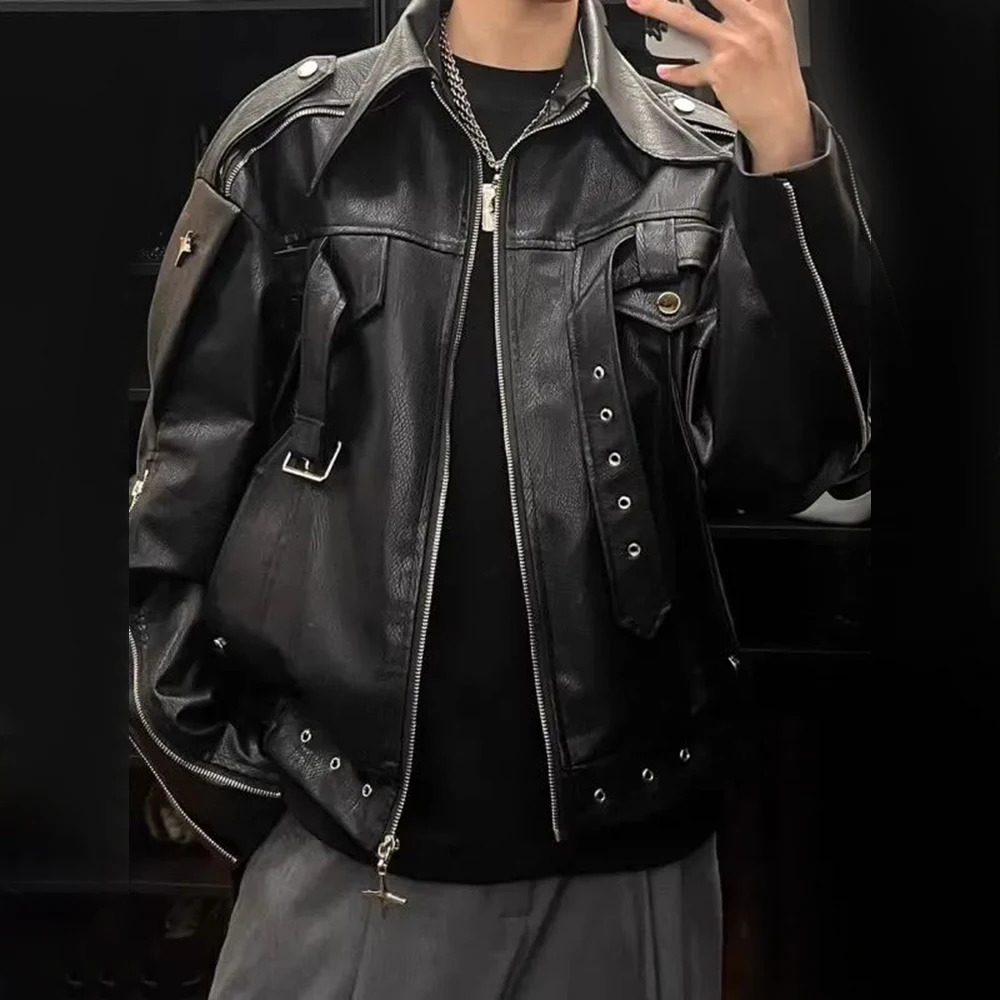 Korean style Y2k black leather jacket mens autumn and winter fashion high-end motorcycle clothing loose work jacket 241230