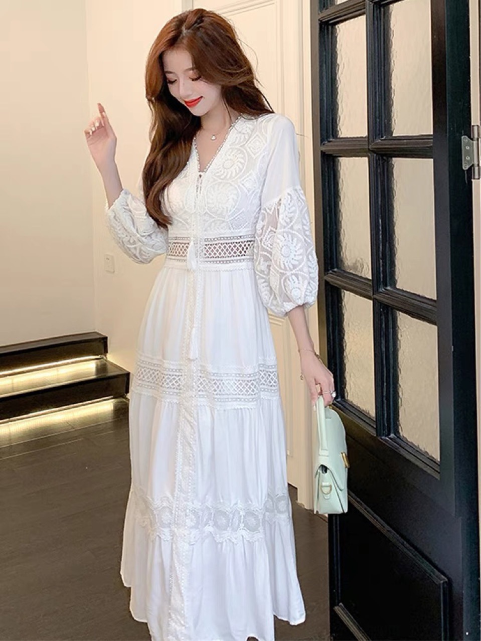 BT10702 dress spring and summer white sweet French puff sleeve knee-length dress beach dress travel dress