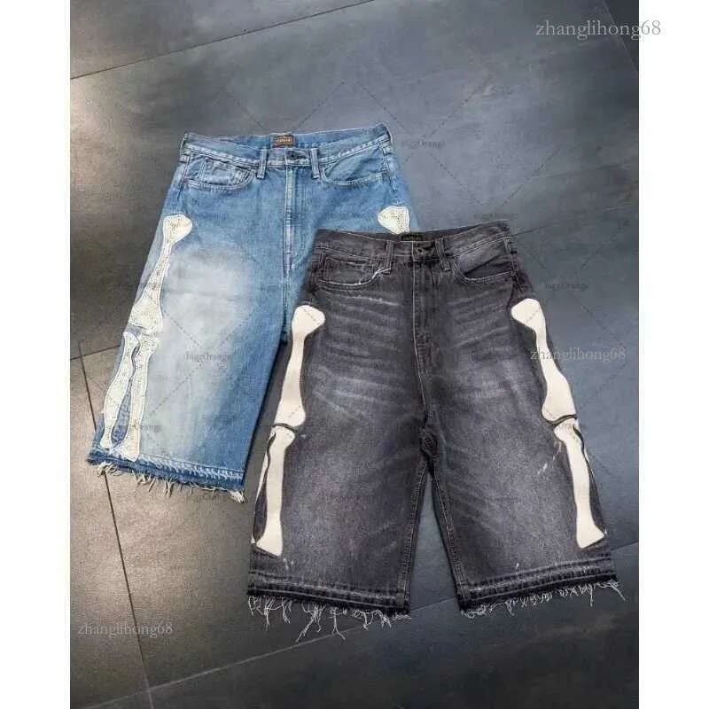 2024 European and American Summer Retro Skeleton Denim Shorts Sports Casual Shorts New Couple Wear Street Wear Five-Fifth PantsX240914